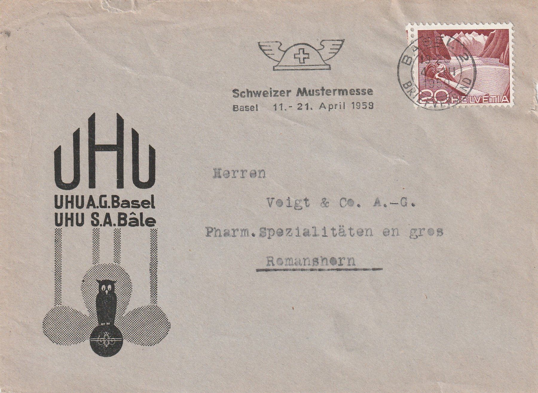 Tutti i francobolli: Basel-Briefteilvorderseite mit Werbung-UHU-1959 – Usato da uttwil venduto da Koehlerfred