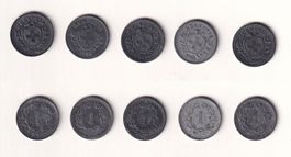 Schweiz Serie 5x1 Rappen Zink 1942, 1943, 1944, 1945 & 1946