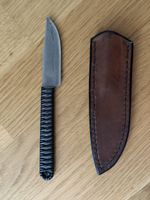 Artisan handmade damascus EDC knife with leather sheath