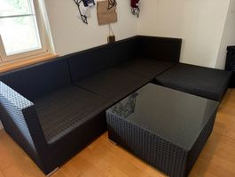Rattan Lounge schwarz / Gartenecke, inkl. Glastisch