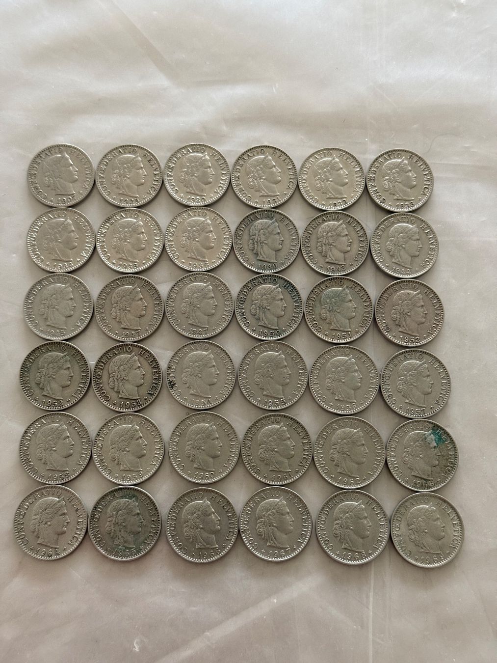 Alle Münzen: 36 x 20 Rappen  1907 - 1969 – Gebraucht aus Wallisellen von SWISS_SILVER1