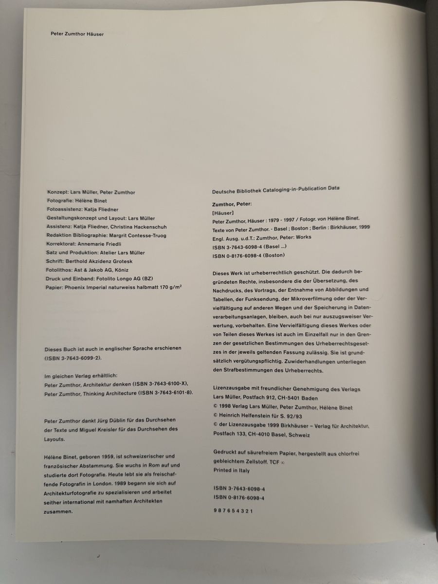 Libri: Peter Zumthor, Häuser, 1999 Birkhäuser selten – Usato da Zürich venduto da Carrington 2