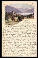 Spiez, Ortsansicht mit Seeblick und Berg