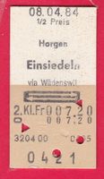KARTON BILLETT, HORGEN - EINSIEDELN, 2.KLASSE, RETOUR, HALBT