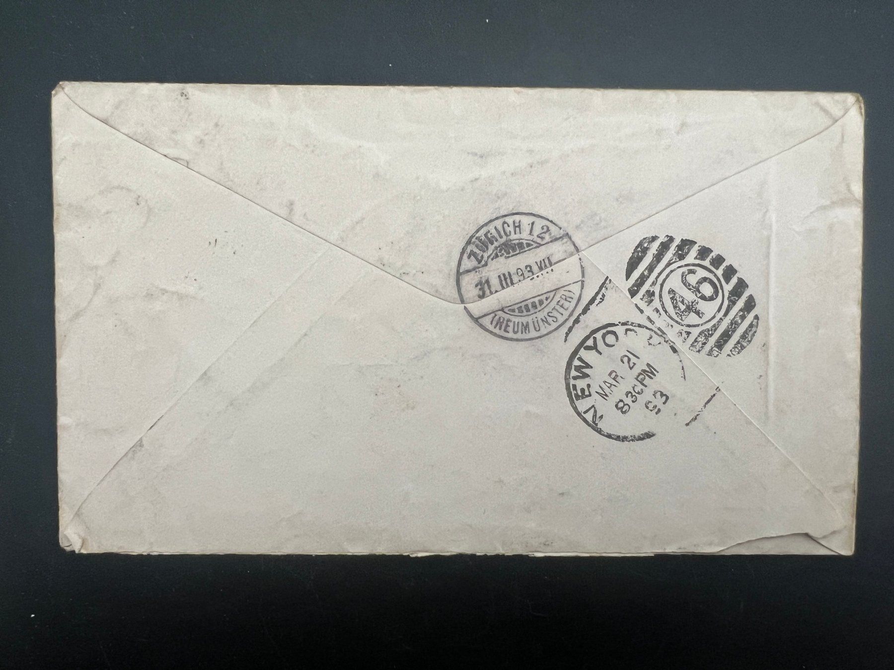 Alle Briefmarken: 1893 Brief New York-Hottingen div. Stempel    (G697) – Gebraucht aus Hinwil von Sidi4 1