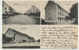 3-Bild-AK Gruss aus PFYN Dorfgasse, Schulhaus, Lindenhof