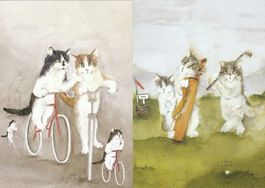 4 Postkarten A5 von Dédé Moser, sportliche Katzen