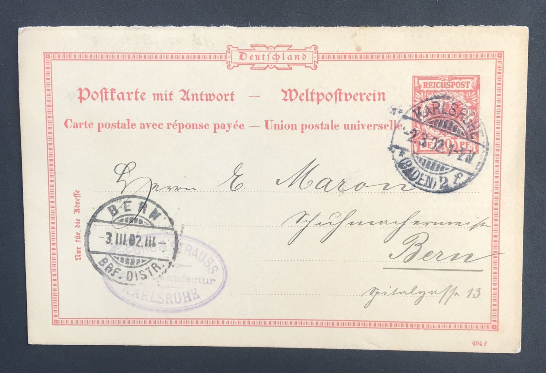 Tutti i francobolli: POSTKARTE DEUTSCHLAND 1902 – Usato da Ostermundigen venduto da Kari1937