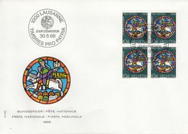 1968 Pro Patria 4 FDC 4-erBlock 1000 Lausanne Glasgemälde