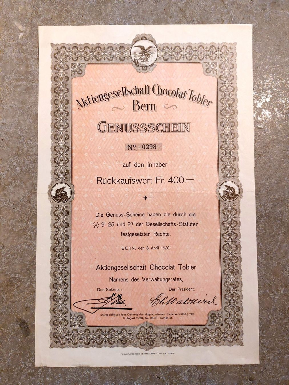 Documenti: Aktie Chocolat Tobler, Bern 1920 – Usato da Wald ZH venduto da Mci
