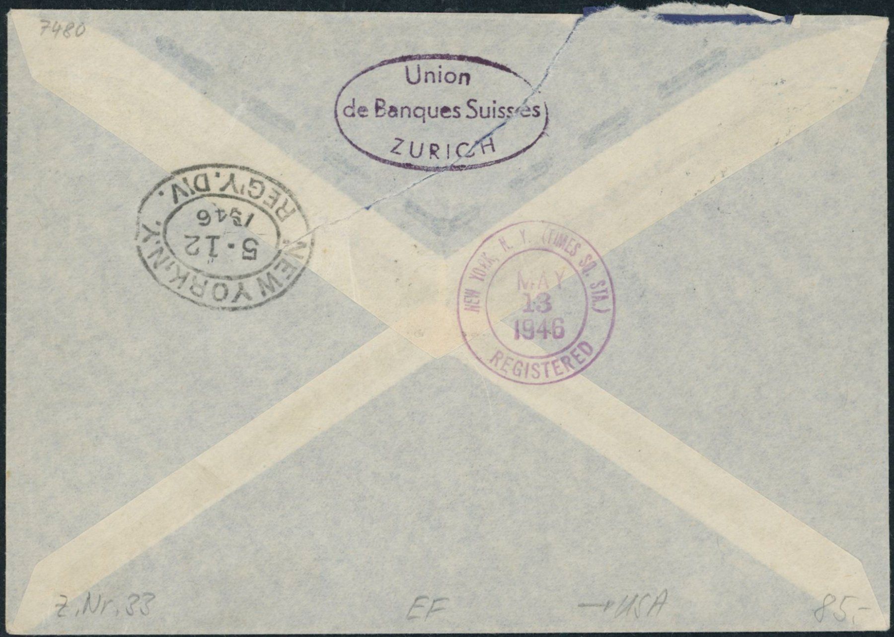 Tutti i francobolli: 1946 - Flugpost - Brief - EF - nach USA – Usato da Schindellegi venduto da leecollect 1