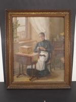 Schönes Ölgemälde strickende Frau - Original Rahmen  (MA305)