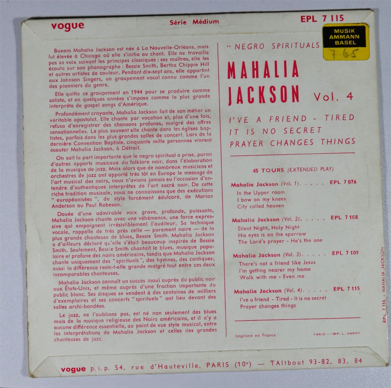 Dischi in vinile: EP: MAHALIA JACKSON - Vol. 4 – Usato da Frenkendorf venduto da Yard-Sale-2000 1