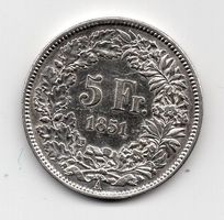 (2309) CH, 5 Franken 1851, vz/stgl
