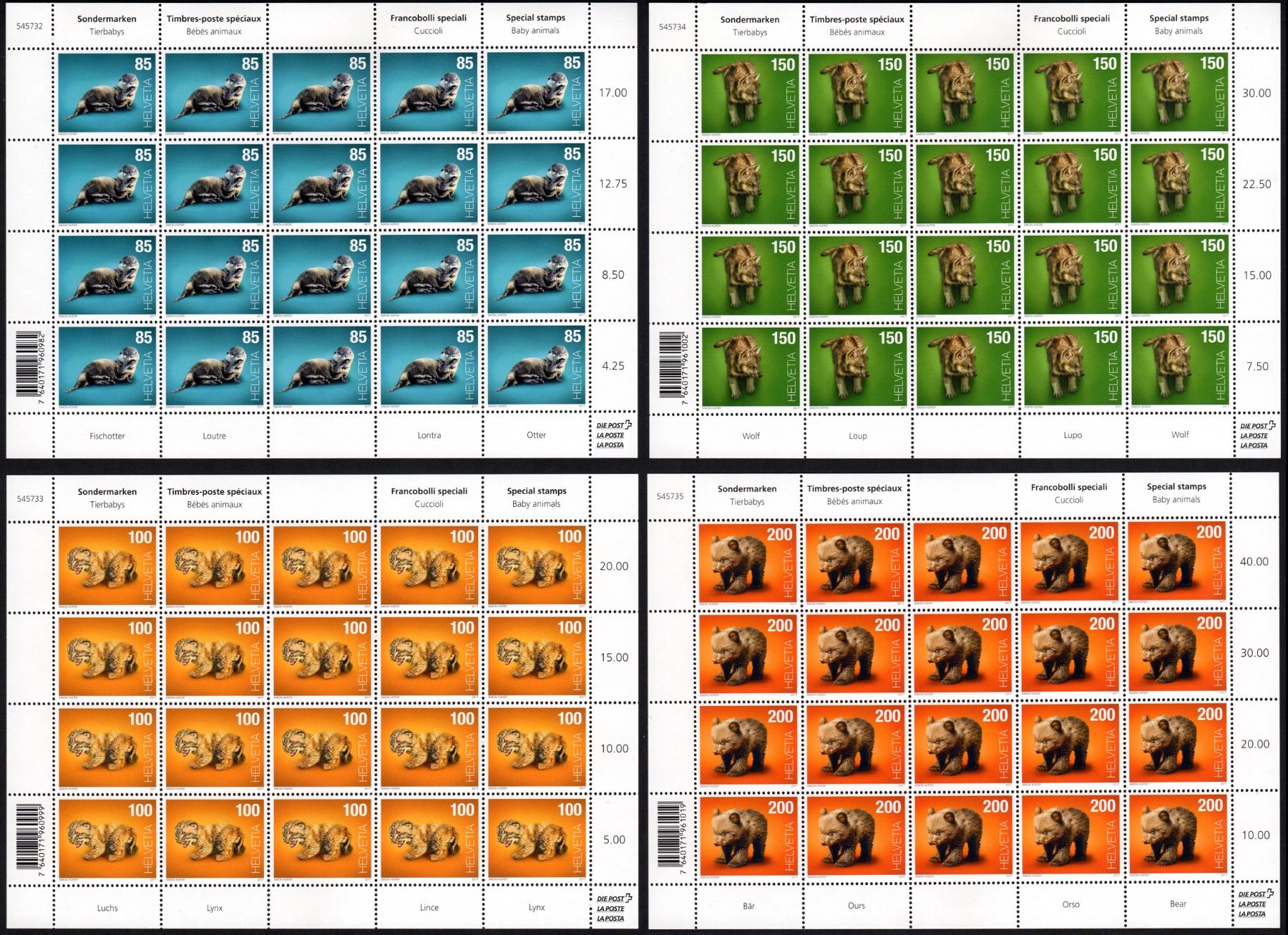 Tutti i francobolli: 4 Bogen Tierbabys - Otter, Luchs, Wolf, Bär** – Nuovo (secondo la descrizione) da Dottikon venduto da haeusibuh5