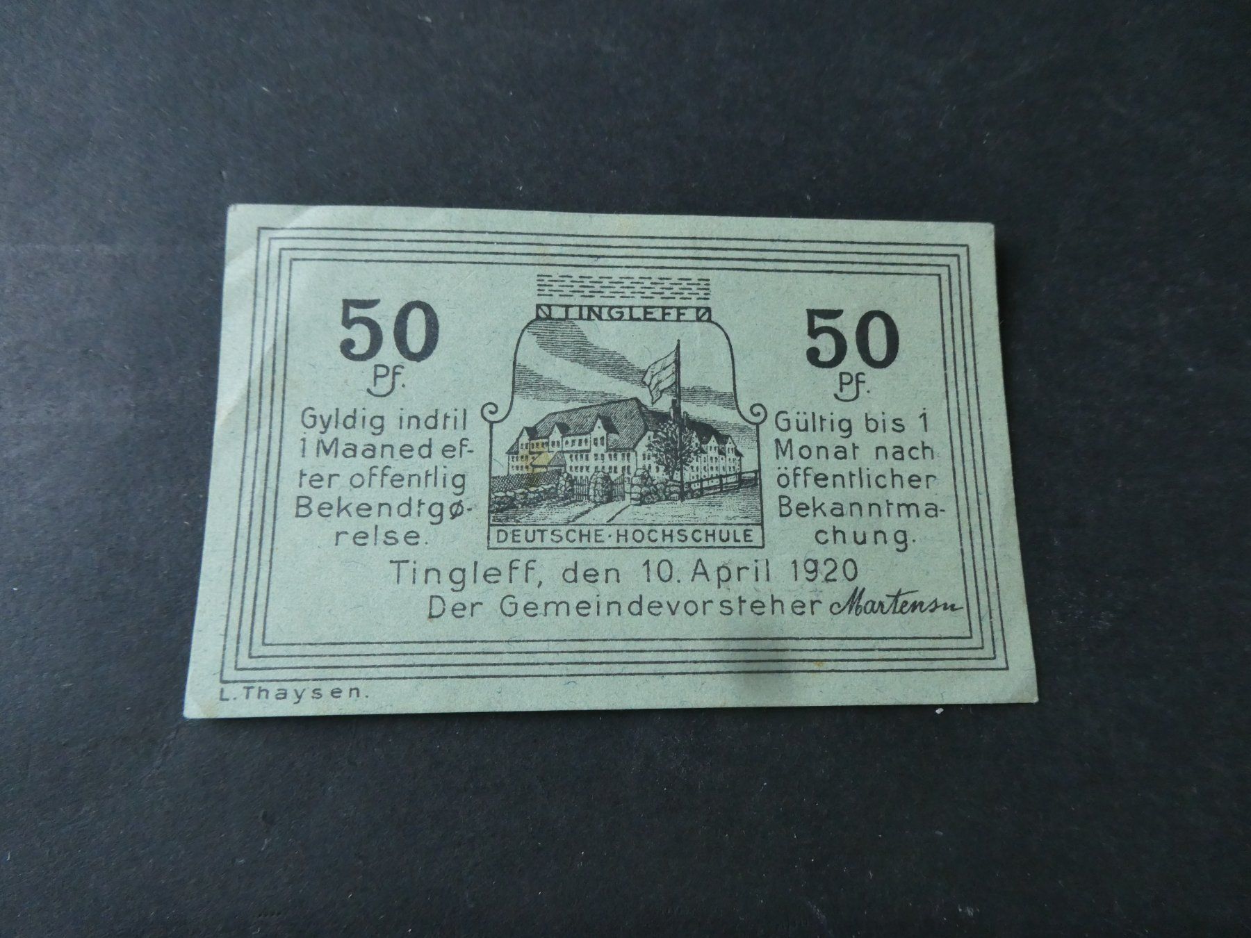 Banknoten: Dt. Reich,  Tingleff - Notgeldschein – Gebraucht aus Hinterforst von Rohusri