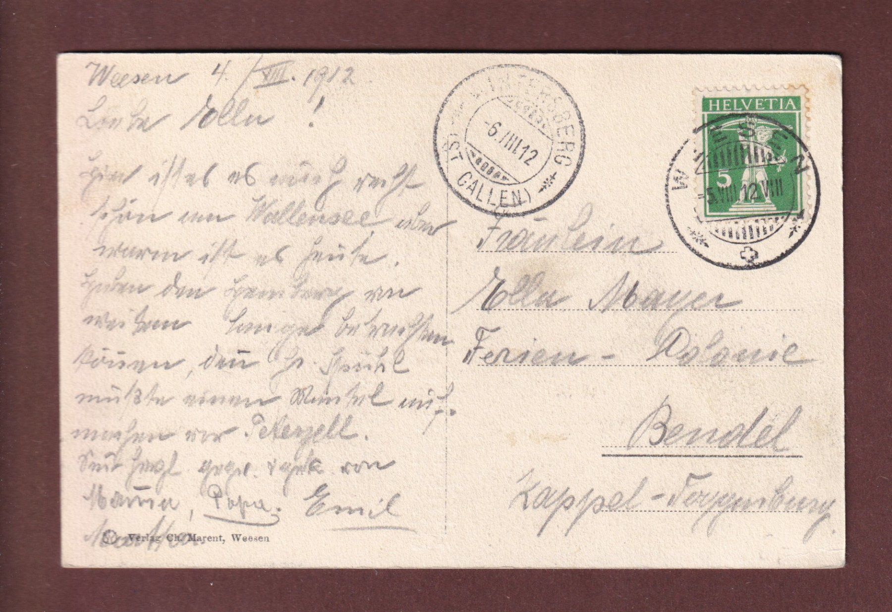 Cartoline postali: WALENSEE - Vogelschau - 1912 – Usato da Pully venduto da nicecards-shop 1