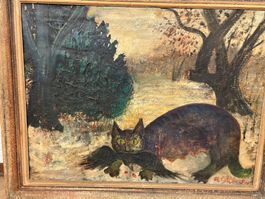 Tableau du peintre suisse Aldo Galli 1954 : chat et oiseau