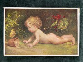 Alte Ansichtskarte Baby mit Hühnchen