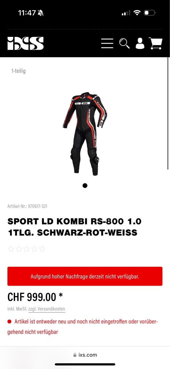 IXS Anzüge: iXS Motorrad Lederkombi RS-800 Gr. 54 – Neu und originalverpackt aus Sursee von eldi94