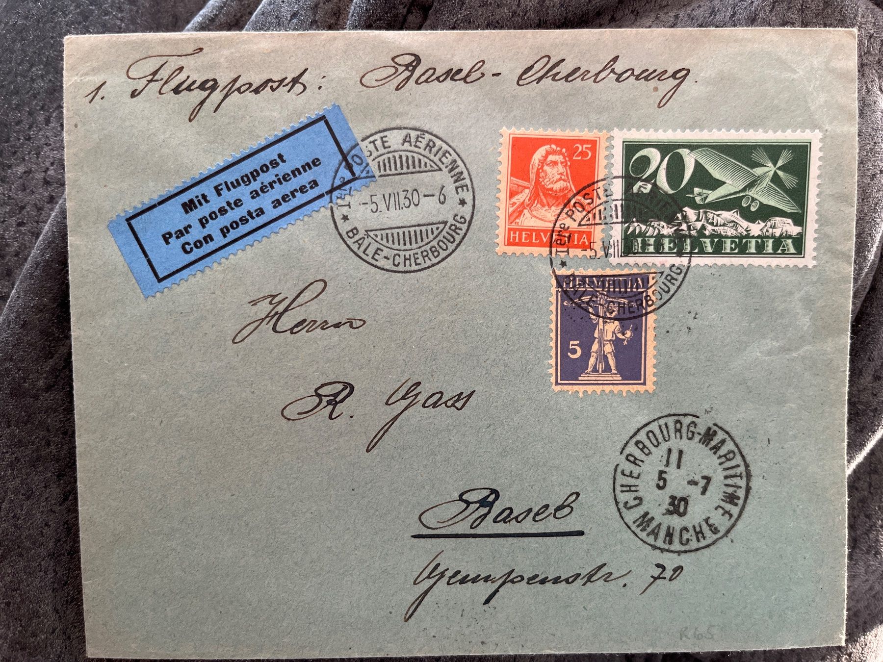 Alle Briefmarken: 1. Postflug Basel-Cherbourg 1930, interessanter Beleg – Gebraucht aus Henggart von Flaty1