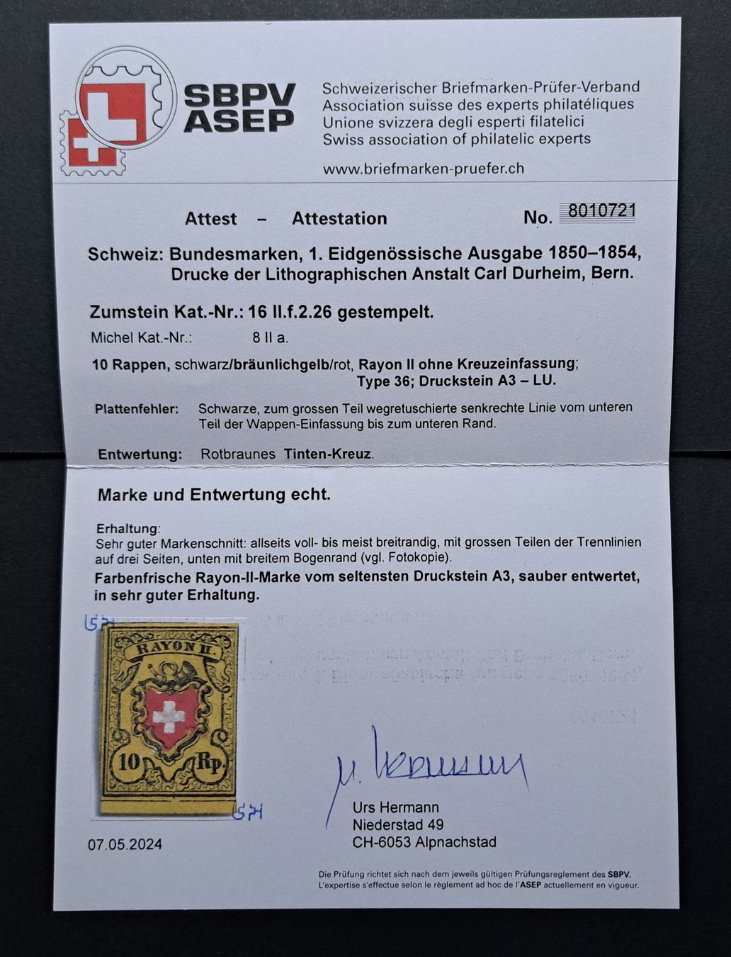 Alle Briefmarken: Luxus Rayon II T36 A3/LU mit Plattenfehler / Attest – Gebraucht aus Unterägeri von PhilatelieStudiger 2