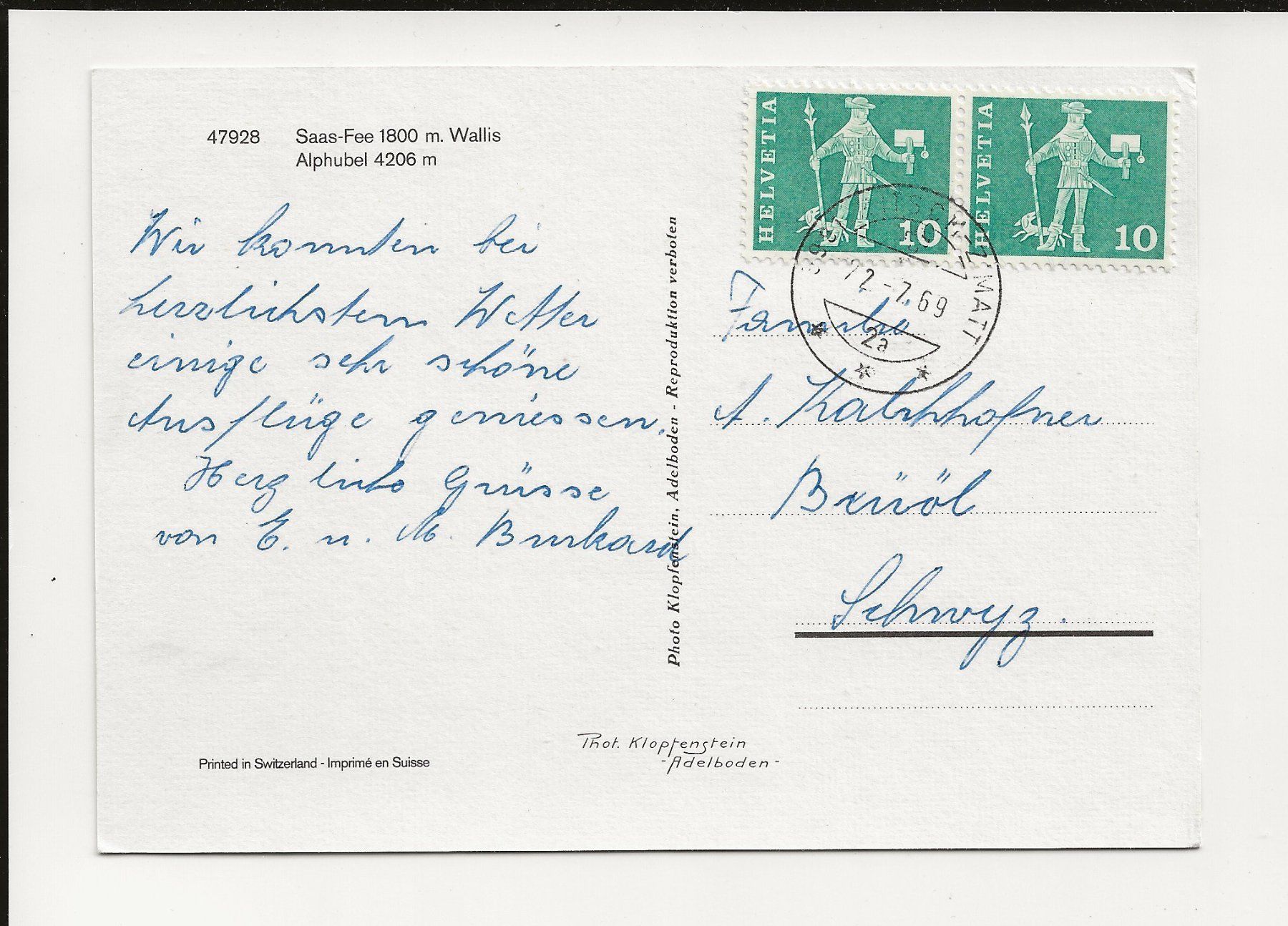 Cartoline postali: AK 1969 Saas-Fee Wallis Alphubel – Usato da Greifensee venduto da 315WDO 1
