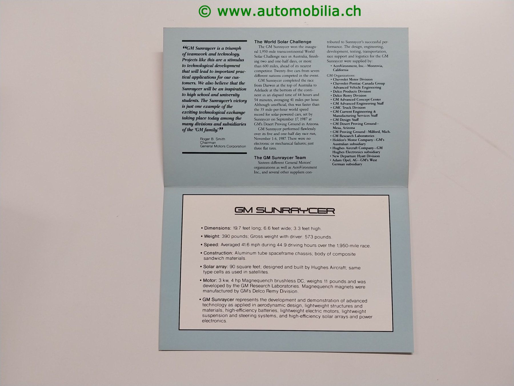 GM Documenti: GM Sunraycer Concept 1987 Prospekt englisch – Usato da Weingarten-Kalth venduto da Bettelbruenneli 1