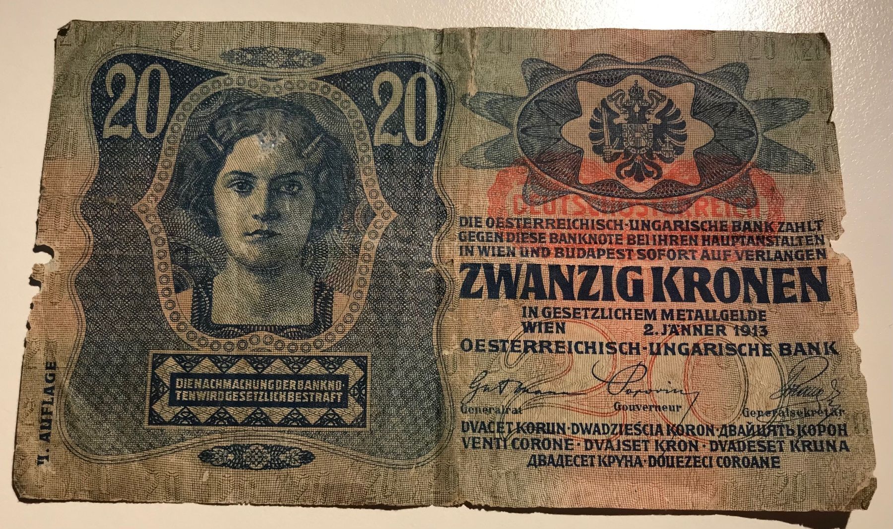 Banknoten: Österreich 20 Kronen 1913 – Gebraucht aus Algetshausen von Carrhard