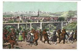 Bärenkarte - Bären tanzen mit Trachtenfrauen - Bern 1908