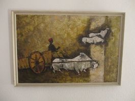 Ölbild Kunst SANJAY KUMAR Inder Ochsenwagen midcentury art