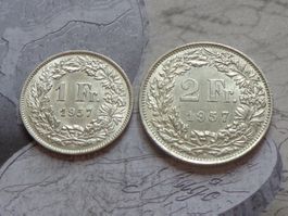 1 Fr. + 2 Fr. 1957 B - Unzirkuliert / UNZ
