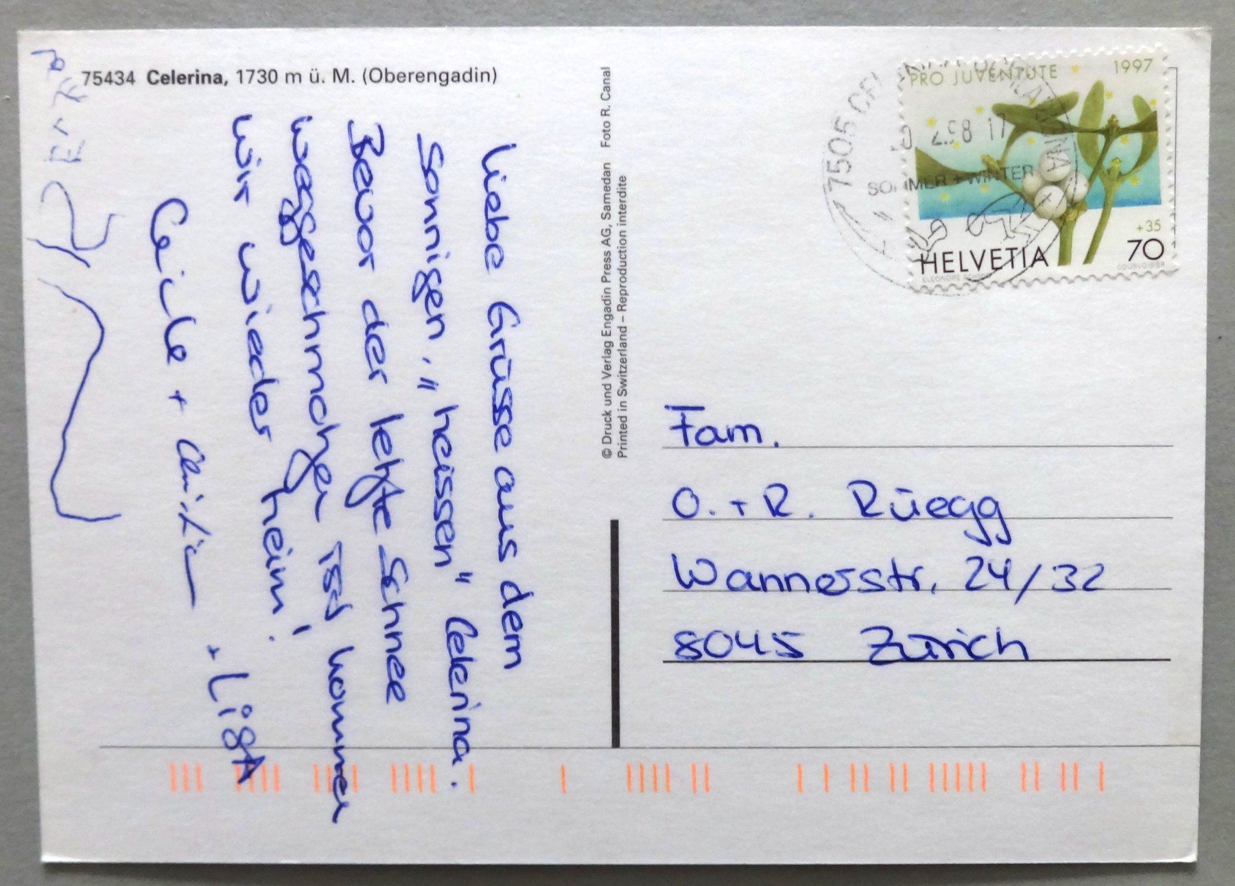 Cartoline postali: Celerina, 1730 m ü.M. – Usato da Fétigny venduto da Billy2miny 1