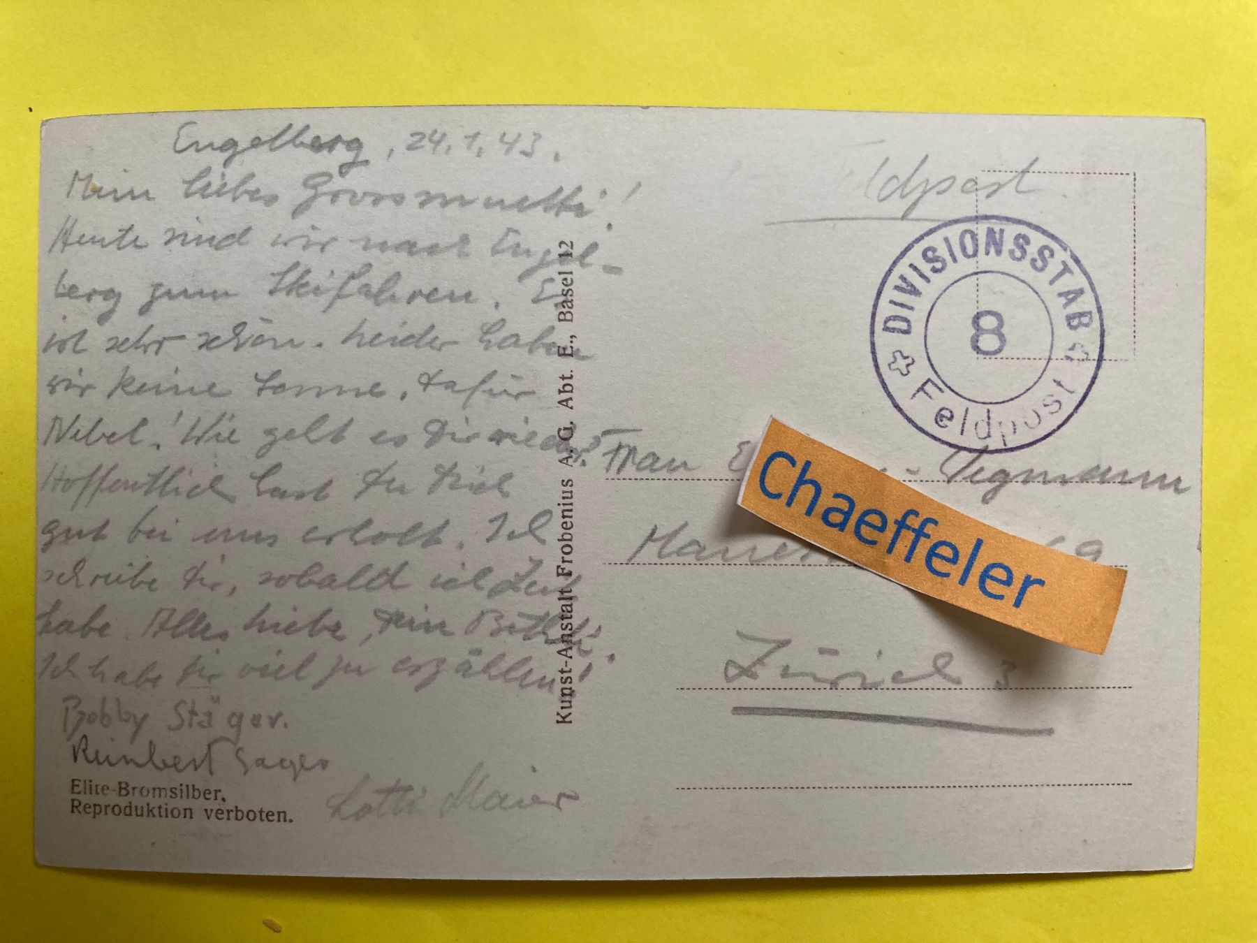 Ansichtskarten: 1943 Feldpost:  Hahnen u. Engelberg.   318 – Gebraucht aus Zürich von Chaeffeler 1