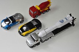SIKU Modellautos (3 Autos, ein Schwertransport mit Rakete)