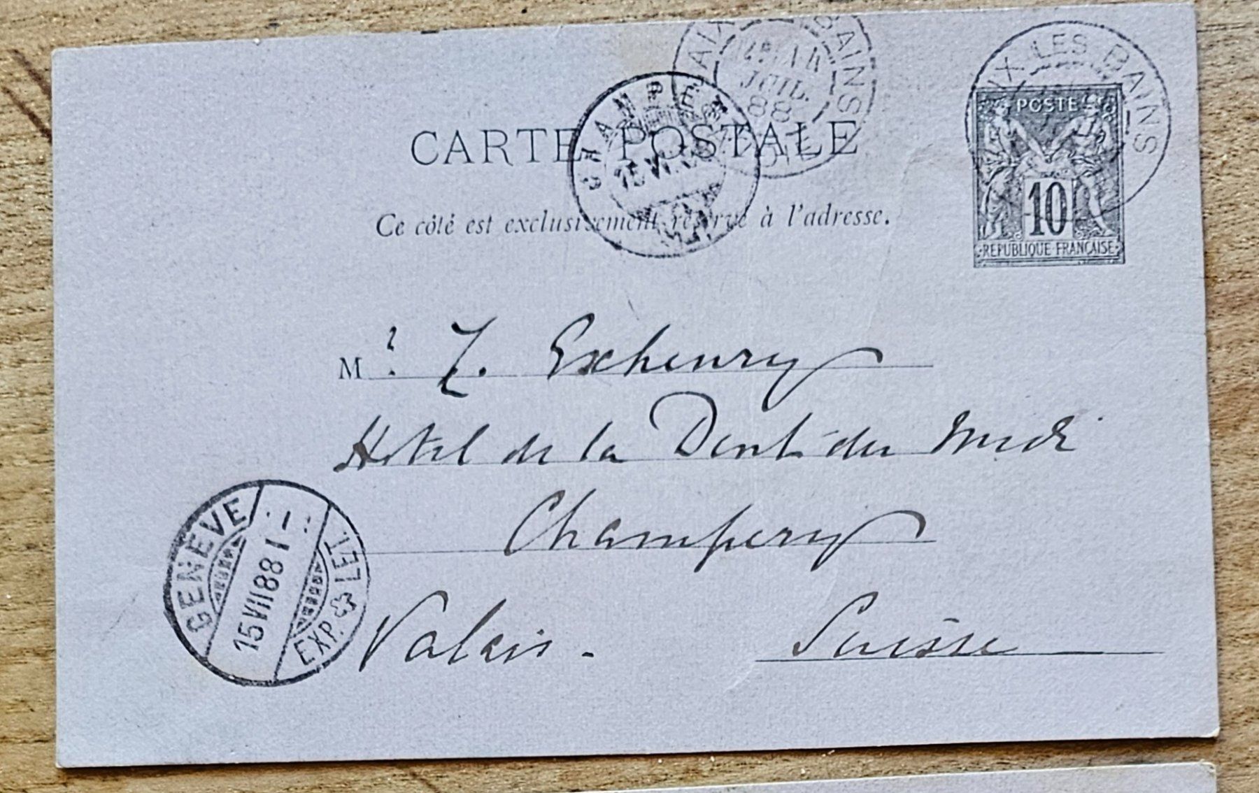Tutti i francobolli: FRANCE entier postal AIX-LES-BAINS - CHAMPERY, 1888 – Usato da Les Valettes venduto da Nuba1