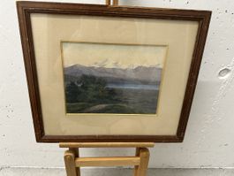 Antikes Aquarell  Landschaft Bergsee mit Alpen