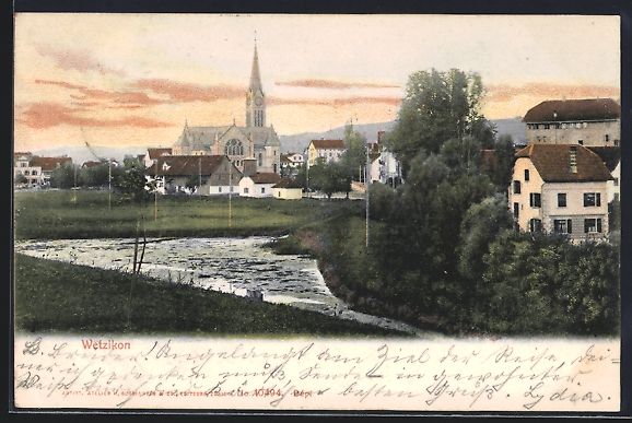 Cartoline postali: AK Wetzikon, Ortspartie mit Kirche, 1904 – Usato da Berlin venduto da bartko-reher