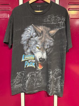VINTAGE 90s LEADER OF THE PACK "WOLF & BIKERS" T-SHIRT Sz: L