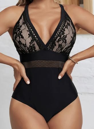 Chic Costume da bagno nero con pizzo-tg M/L-nuovo