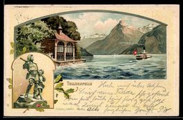 Lithographie Seelisberg, Tellskapelle mit Fluss und Bergen