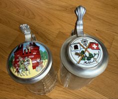 2 Feldschlösschen Glas-Bierkrüge mit Zinn-Deckel