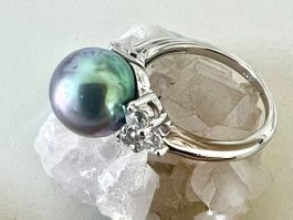 Silberring 925 grosse schillernde Echtperle Zirkonia Vintage