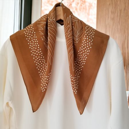 New 58cm Camel Brown Silk Scarf Square, Floral Silk Crepe