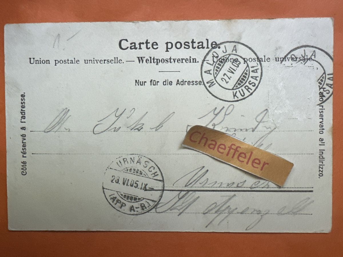 Ansichtskarten: 1905 Gletschermühlen auf Maloja – Gebraucht aus Zürich von Chaeffeler 1