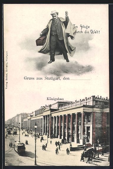 Cartoline postali: Stuttgart, Fliegender Herr über dem K – Usato da Berlin venduto da bartko-reher