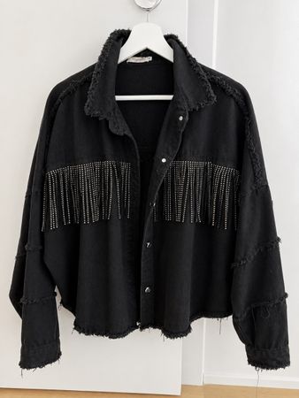 Black Denim Jacket with Rhinestone Fringe, Size M