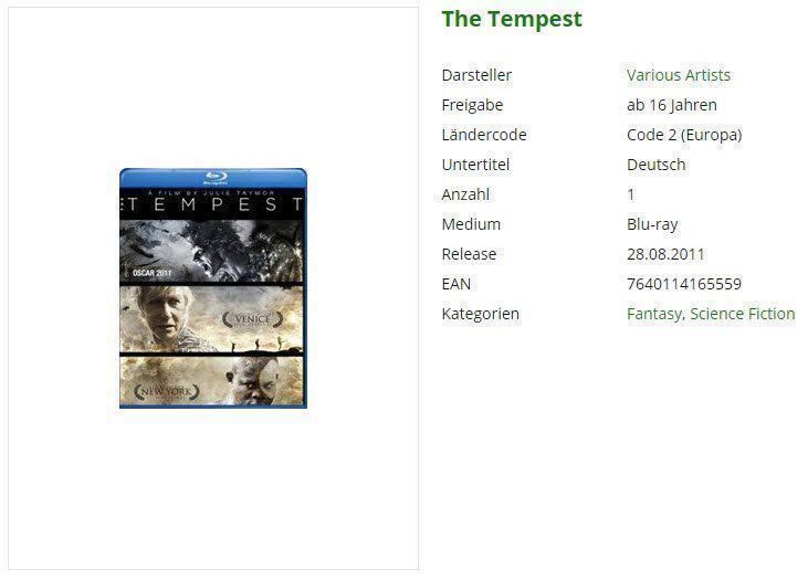 Tutti i DVDs: The Tempest (Blu-Ray) – Usato da Buchrain venduto da Sssschaller