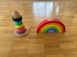 Set aus Holz-Regenbogen Stapelspiel & Stapelturm
