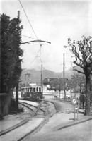 Monthey (VS) AOMC Tram bei der Station Bahnhof CF.F.